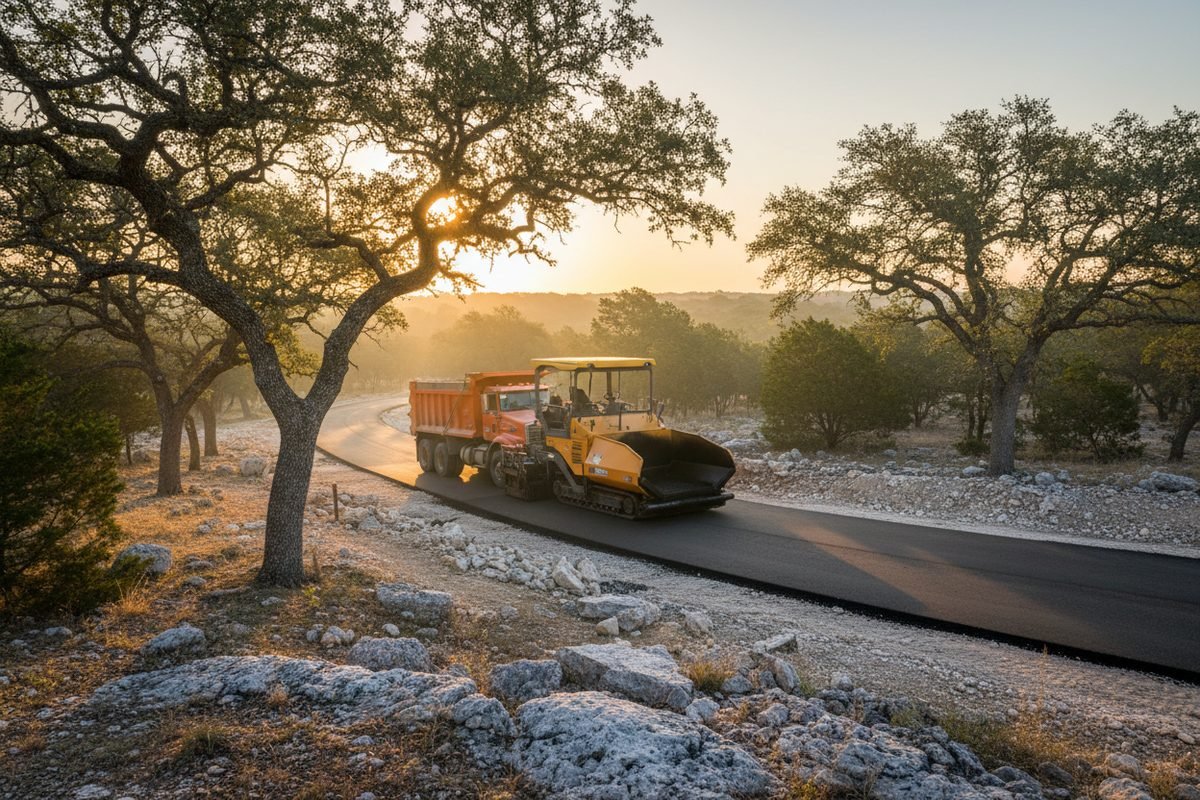 TXST Paving trucks and paver at a Georgetown job site at sunrise